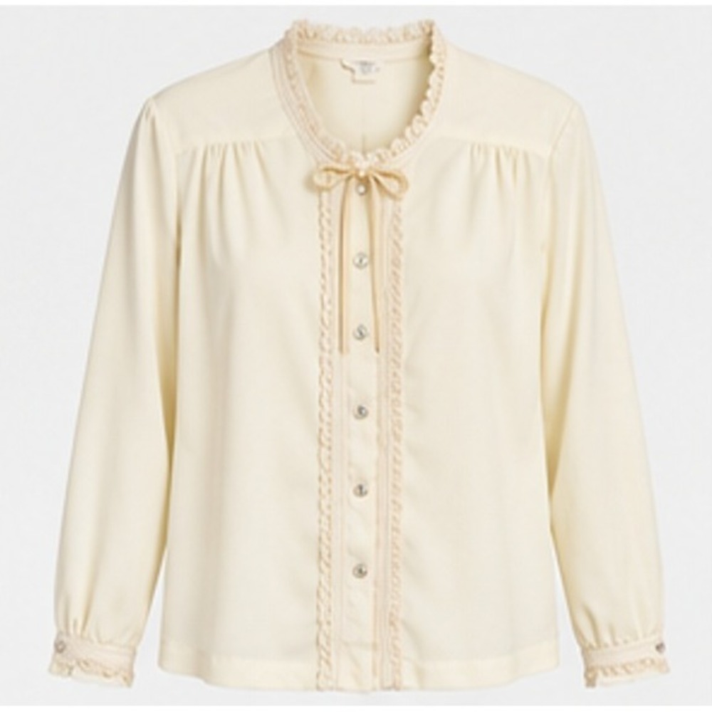 Vintage Cream Lace Trim Long Sleeve Top w Ribbon Cottage Coquette Victorian Poet